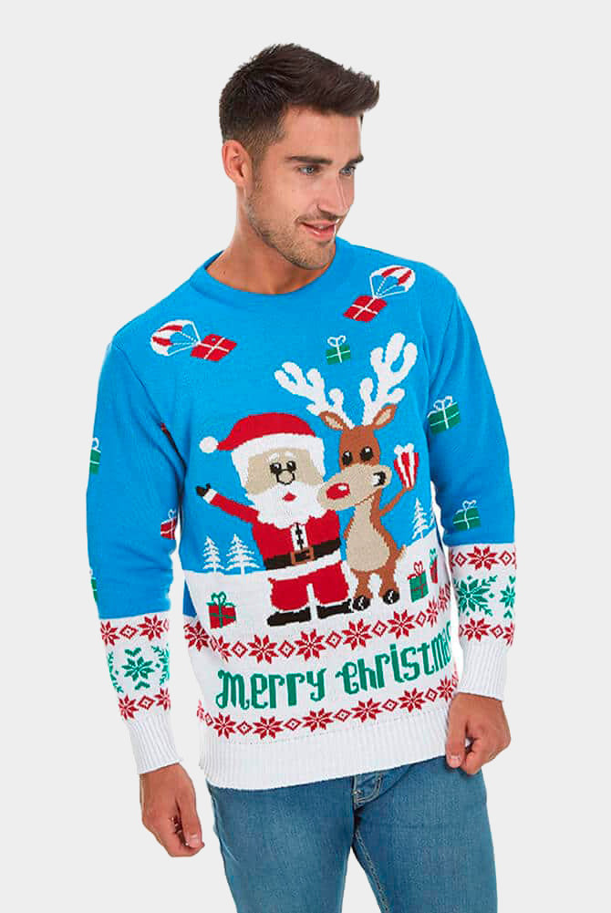 Weihnachtspullover für Paare Blau mit Weihnachtsmann und Rudolf Herren