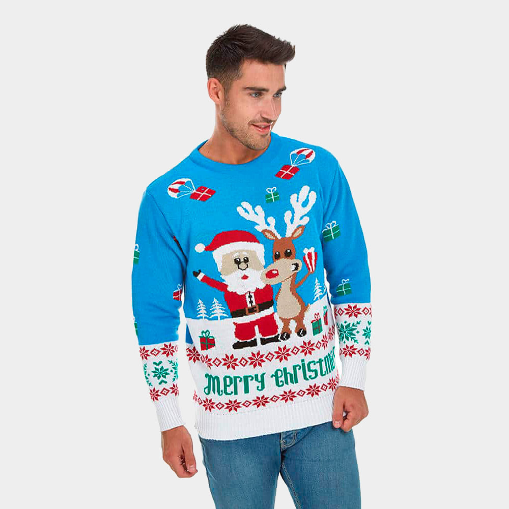 Weihnachtspullover für Paare Blau mit Weihnachtsmann und Rudolf Herren