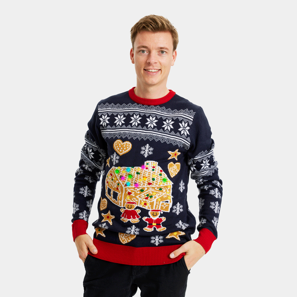 Weihnachtspullover für Paare Herren LED Lebkuchenhaus