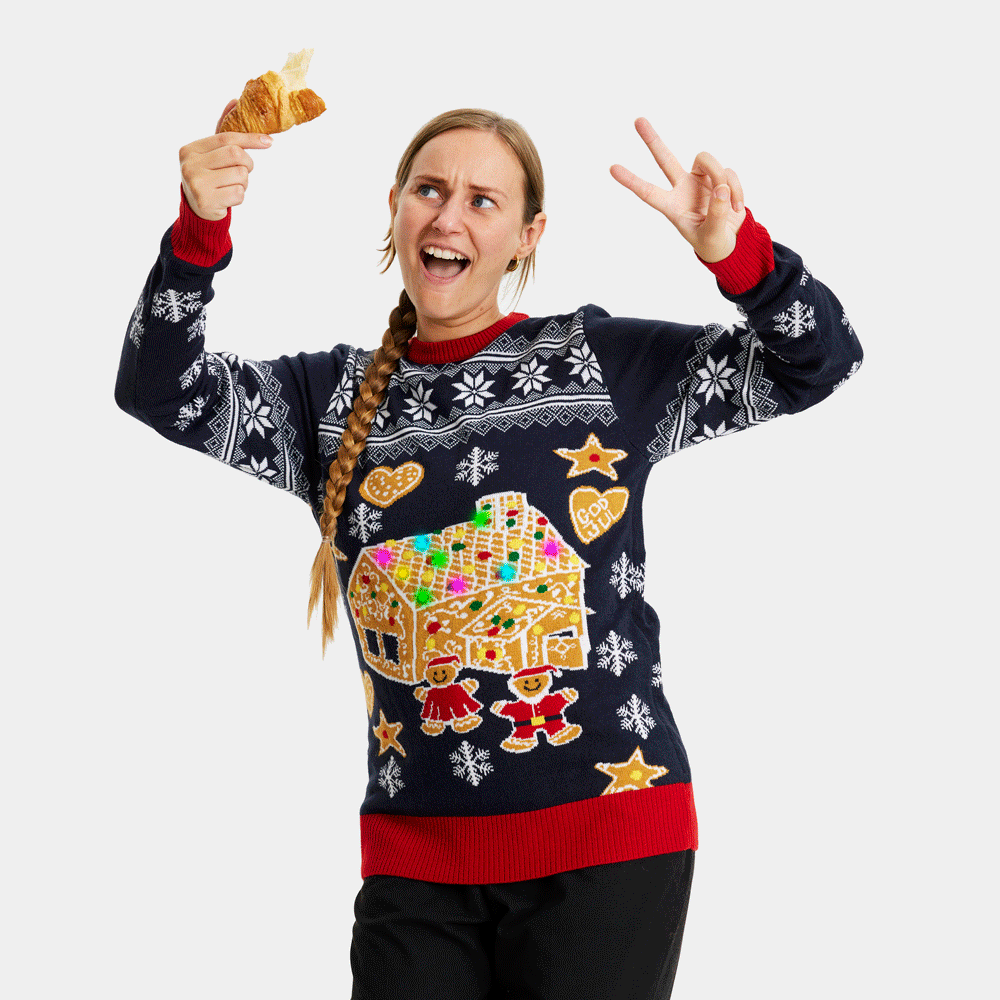 Weihnachtspullover für Paare mit LED Lebkuchenhaus Damen