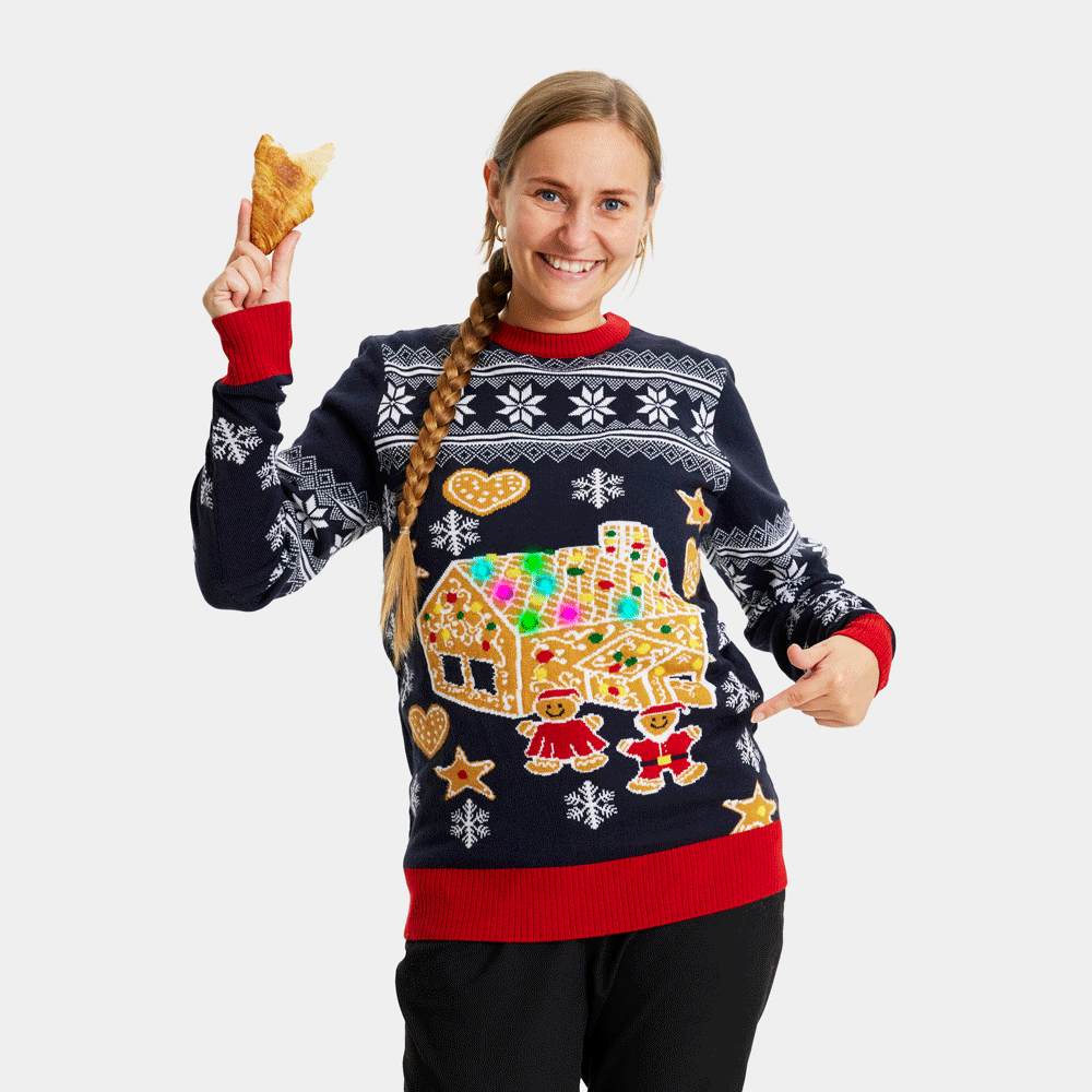 Weihnachtspullover für Paare mit LED Lebkuchenhaus