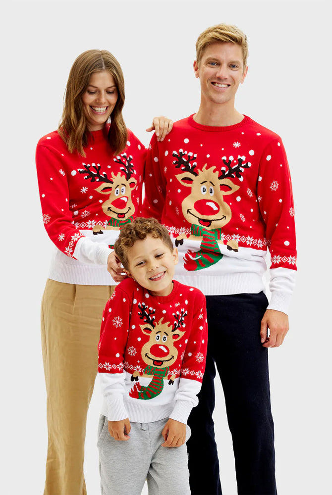 Weihnachtspullover für Paare Rot Rudolf mit Schal Familien