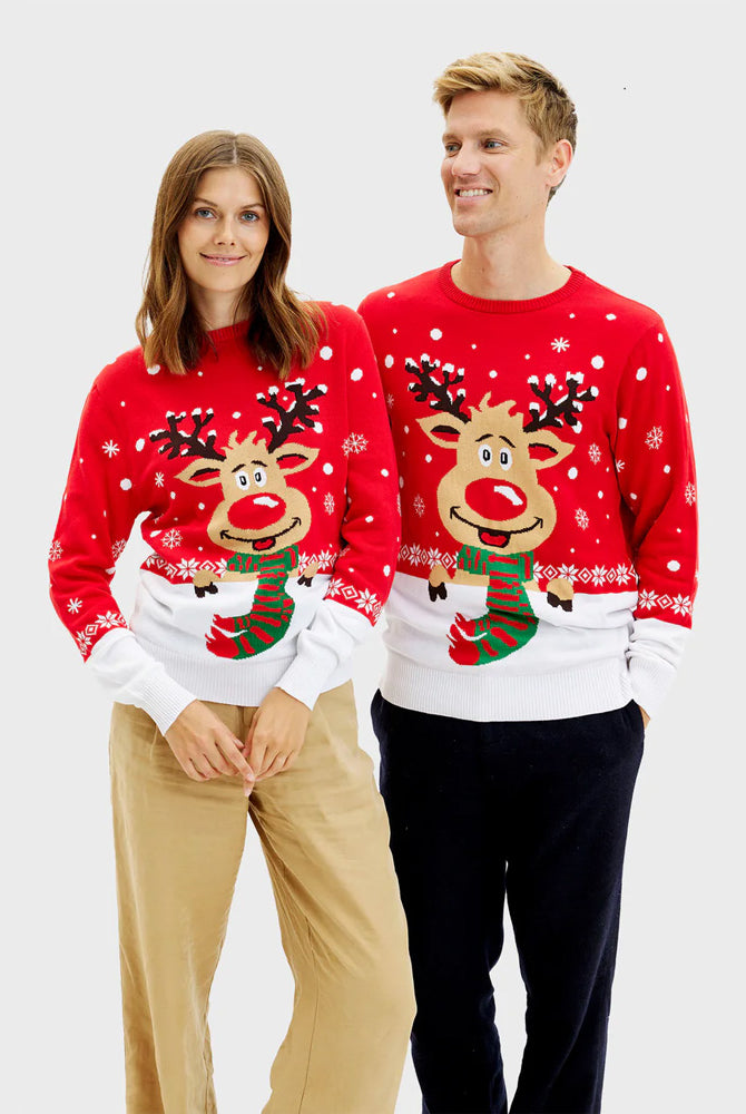 Weihnachtspullover für Paare Rot Rudolf mit Schal