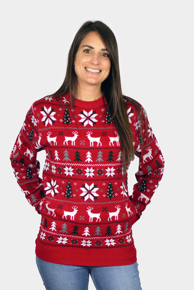 Weihnachtspullover für Paare Rot mit Sternen Rentieren Weihnachtsbäumen damen