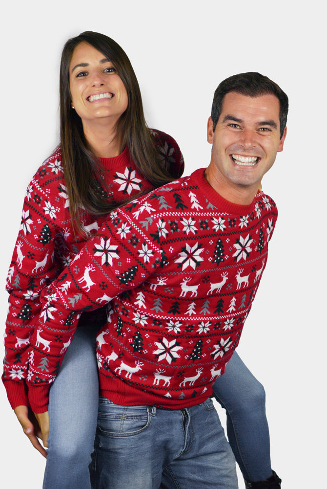 Weihnachtspullover für Paare Rot mit Sternen Rentieren Weihnachtsbäumen