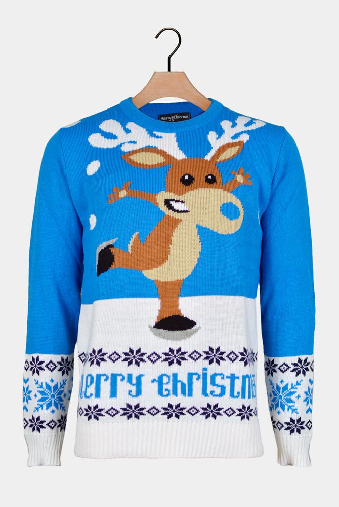 Weihnachtspullover für Paare Blau Schlittschuh-Rentier