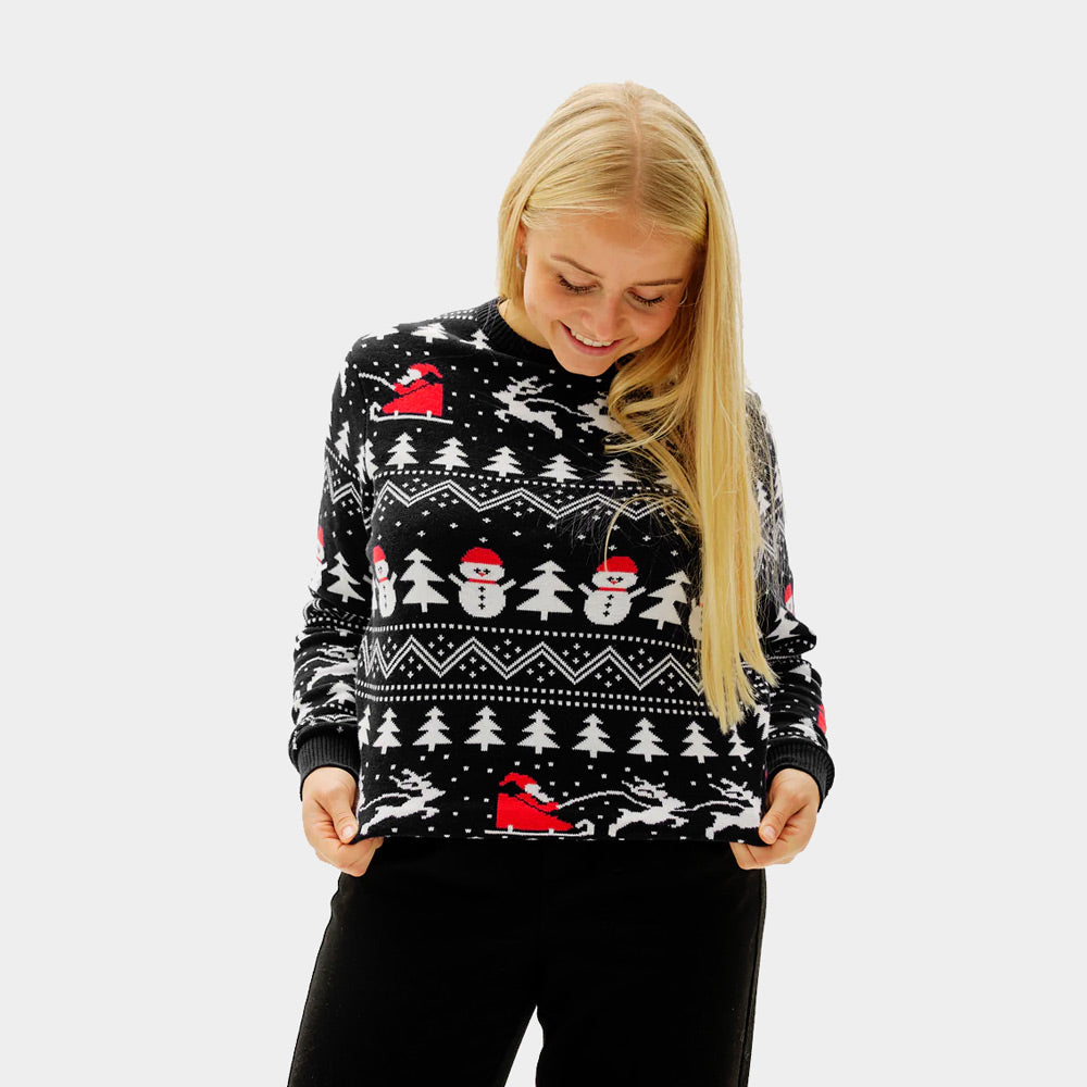 Weihnachtspullover für Paare Schwarz mit Bäumen, Schneemännern und Weihnachtsmann Damen