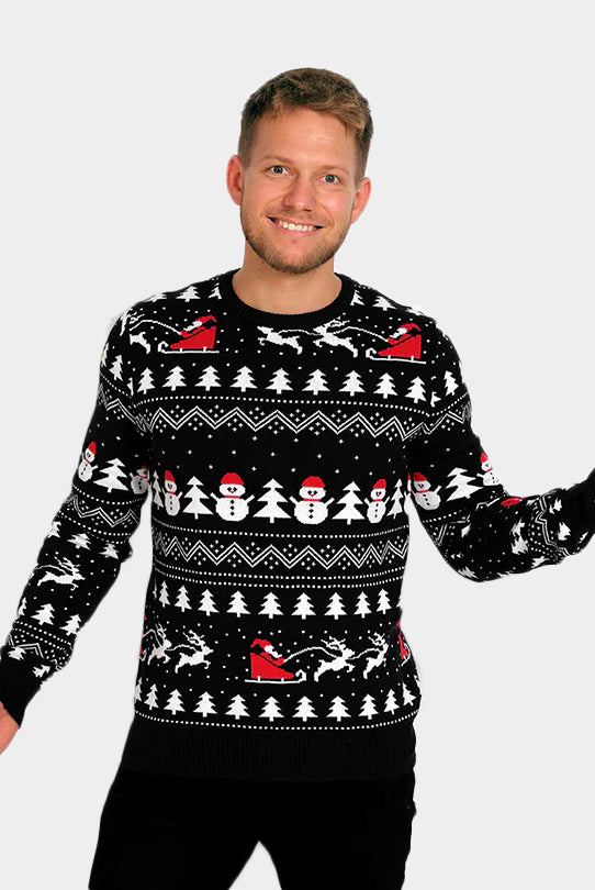 Weihnachtspullover für Paare Schwarz mit Bäumen, Schneemännern und Weihnachtsmann Herren