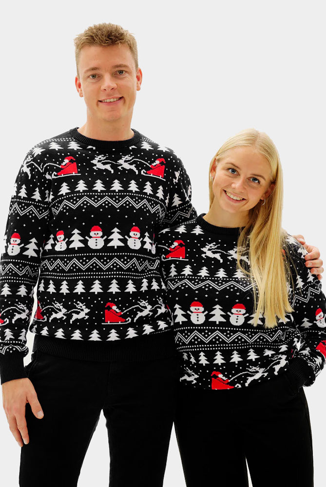 Weihnachtspullover für Paare Schwarz mit Bäumen, Schneemännern und Weihnachtsmann