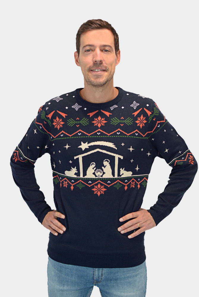 Weihnachtspullover für Paare Blau Weihnachtskrippe Herren