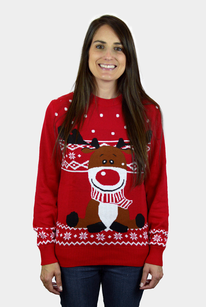 Weihnachtspullover Damen in Rot Rentier Rudolph mit Halstuch