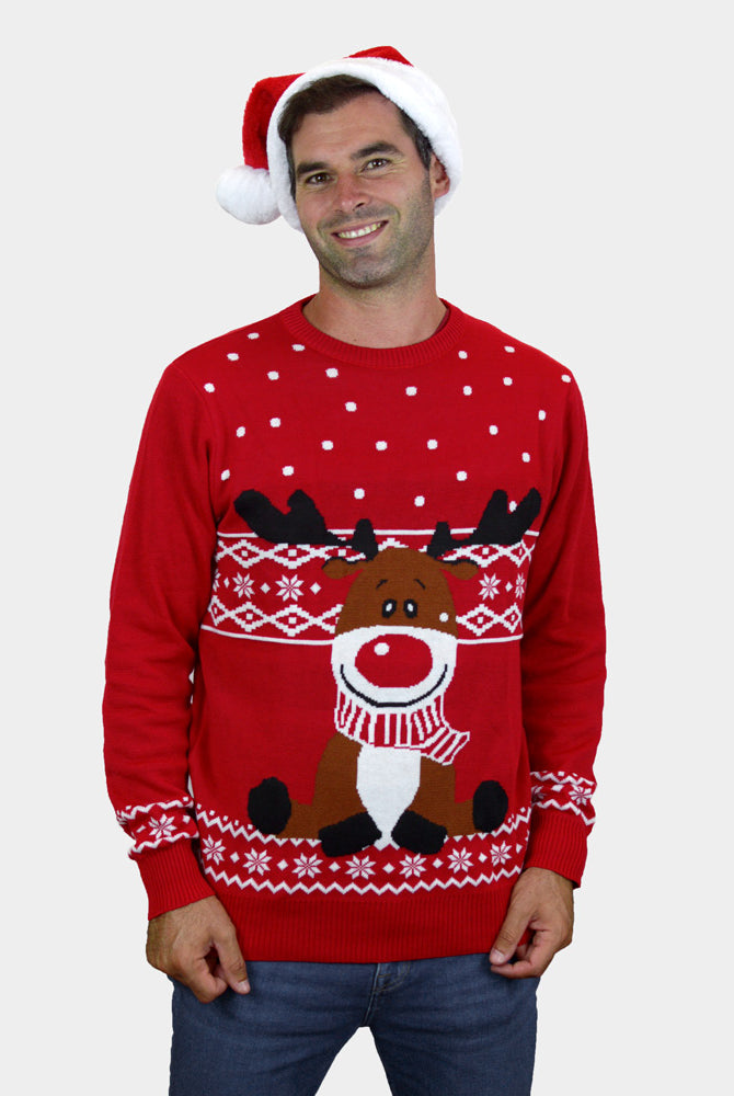 Weihnachtspullover Herren in Rot Rentier Rudolph mit Halstuch
