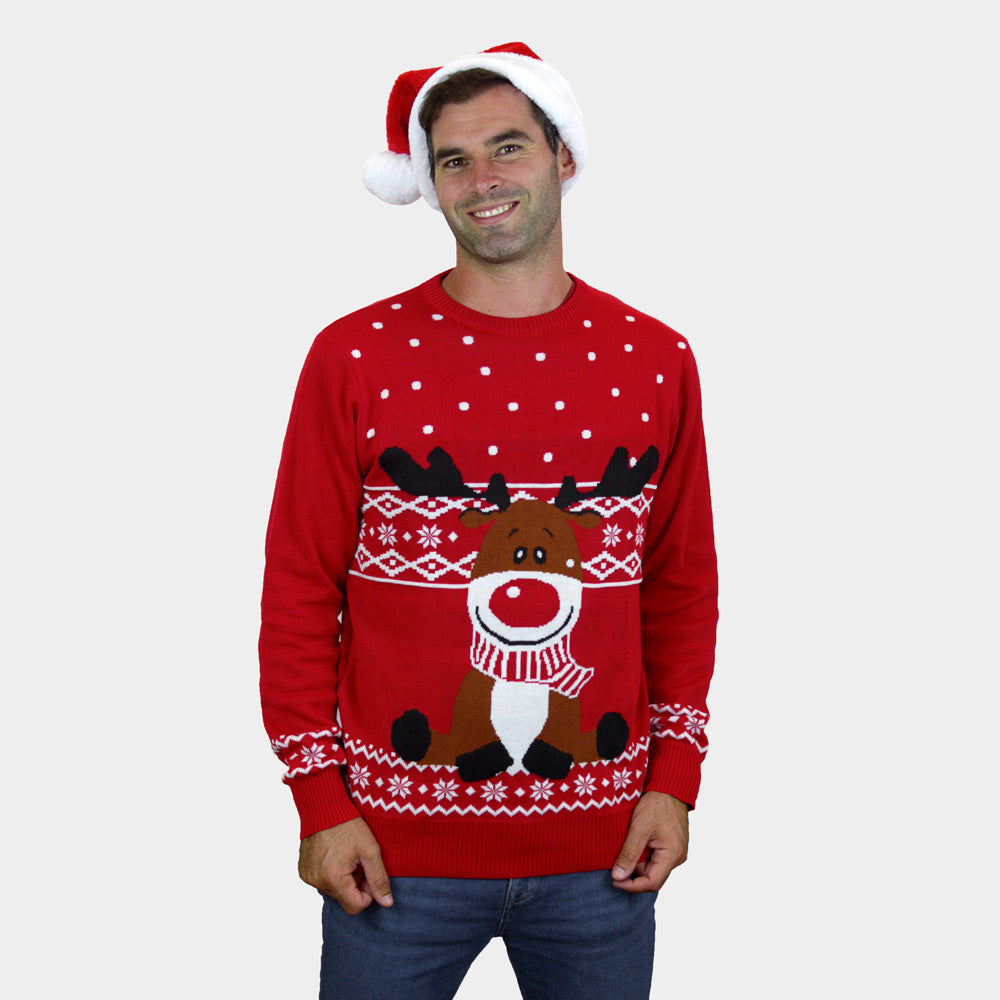 Weihnachtspullover Herren in Rot Rentier Rudolph mit Halstuch