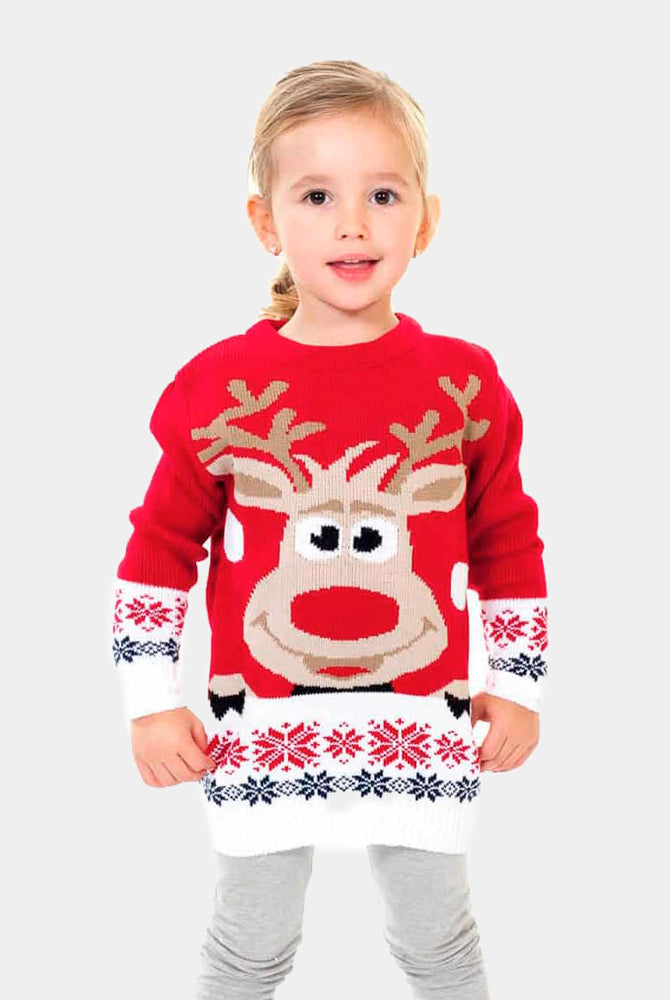 Kinder Weihnachtspullover Rot mit Rentier Schnee