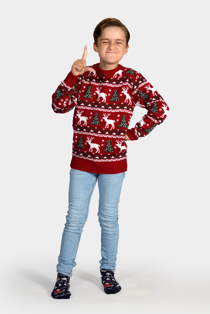 Weihnachtspullover Rot mit Rentieren und Weihnachtsbäumen Kinder