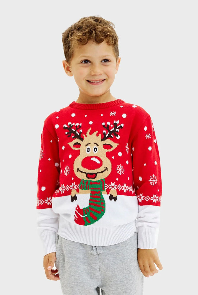 Weihnachtspullover Rot Rudolf mit Schal Kinder