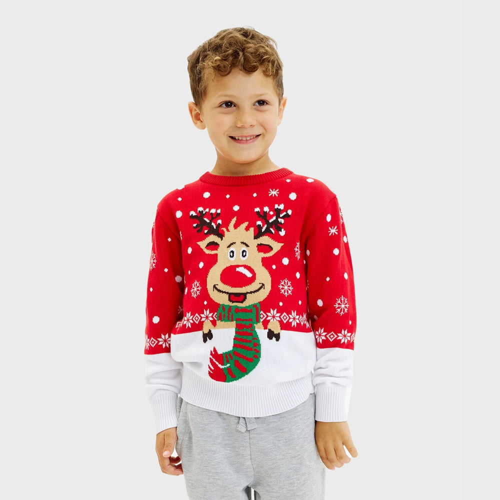 Weihnachtspullover Rot Rudolf mit Schal Kinder
