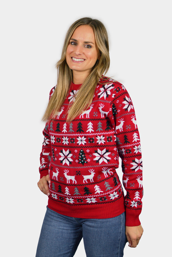 Weihnachtspullover Rot Sternen Rentieren Weihnachtsbäumen Damen