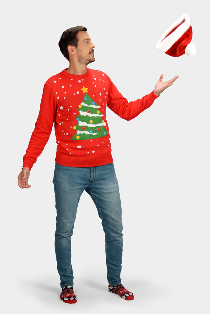 Weihnachtspullover Herren in Rot mit Weihnachtsbaum