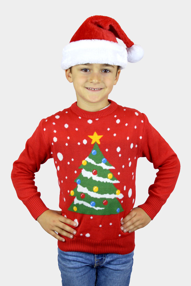 Weihnachtspullover Kinder in Rot mit Weihnachtsbaum