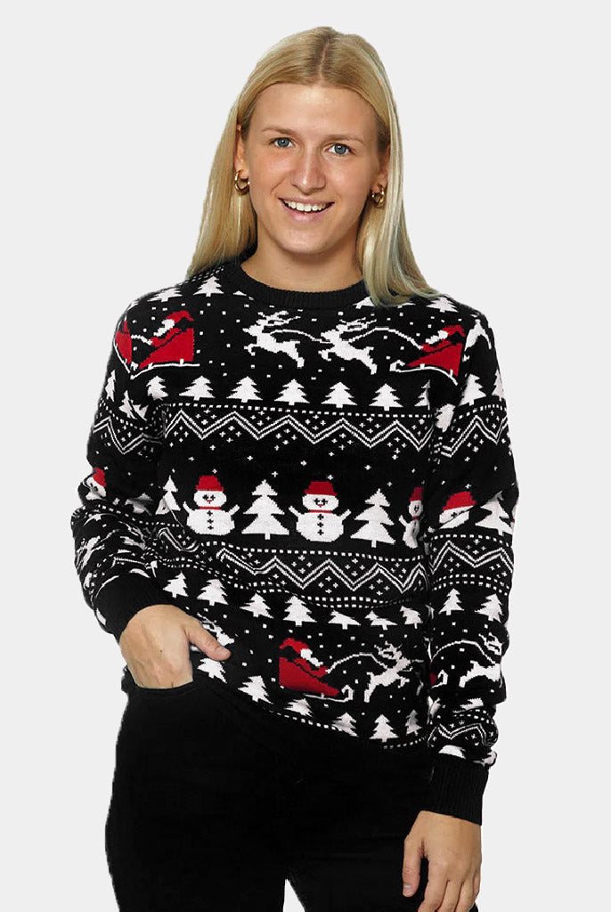 Weihnachtspullover Schwarz mit Bäumen, Schneemännern und Weihnachtsmann Damen