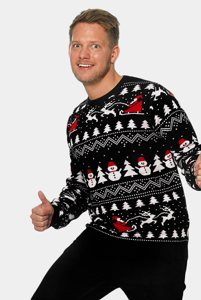 Weihnachtspullover Schwarz mit Bäumen, Schneemännern und Weihnachtsmann Herren