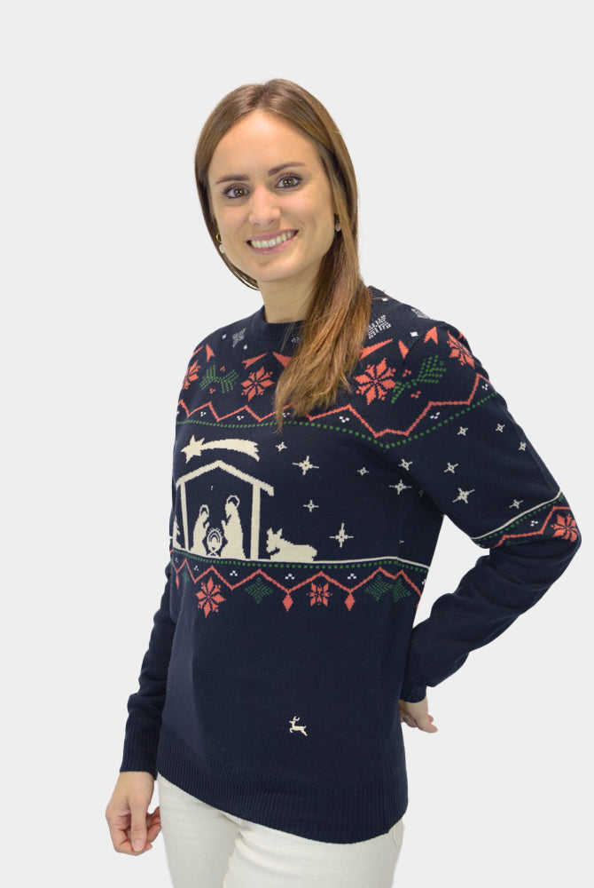 Weihnachtspullover Blau Weihnachtskrippe Damen