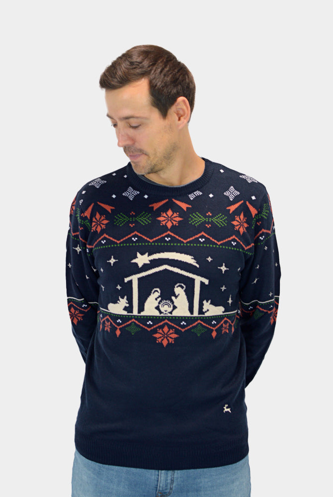 Weihnachtspullover Blau Weihnachtskrippe Herren