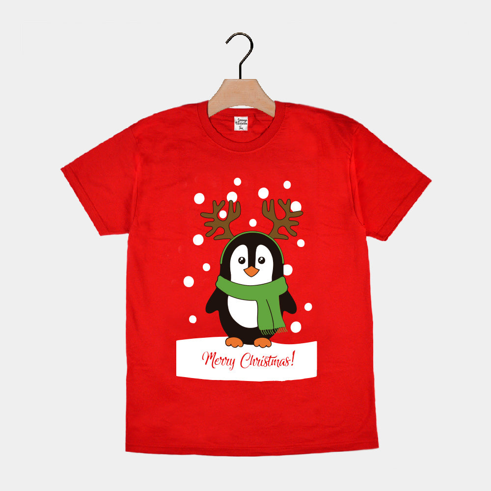 Weihnachts T-shirt in Rot für Damen und Herren mit Pinguinen
