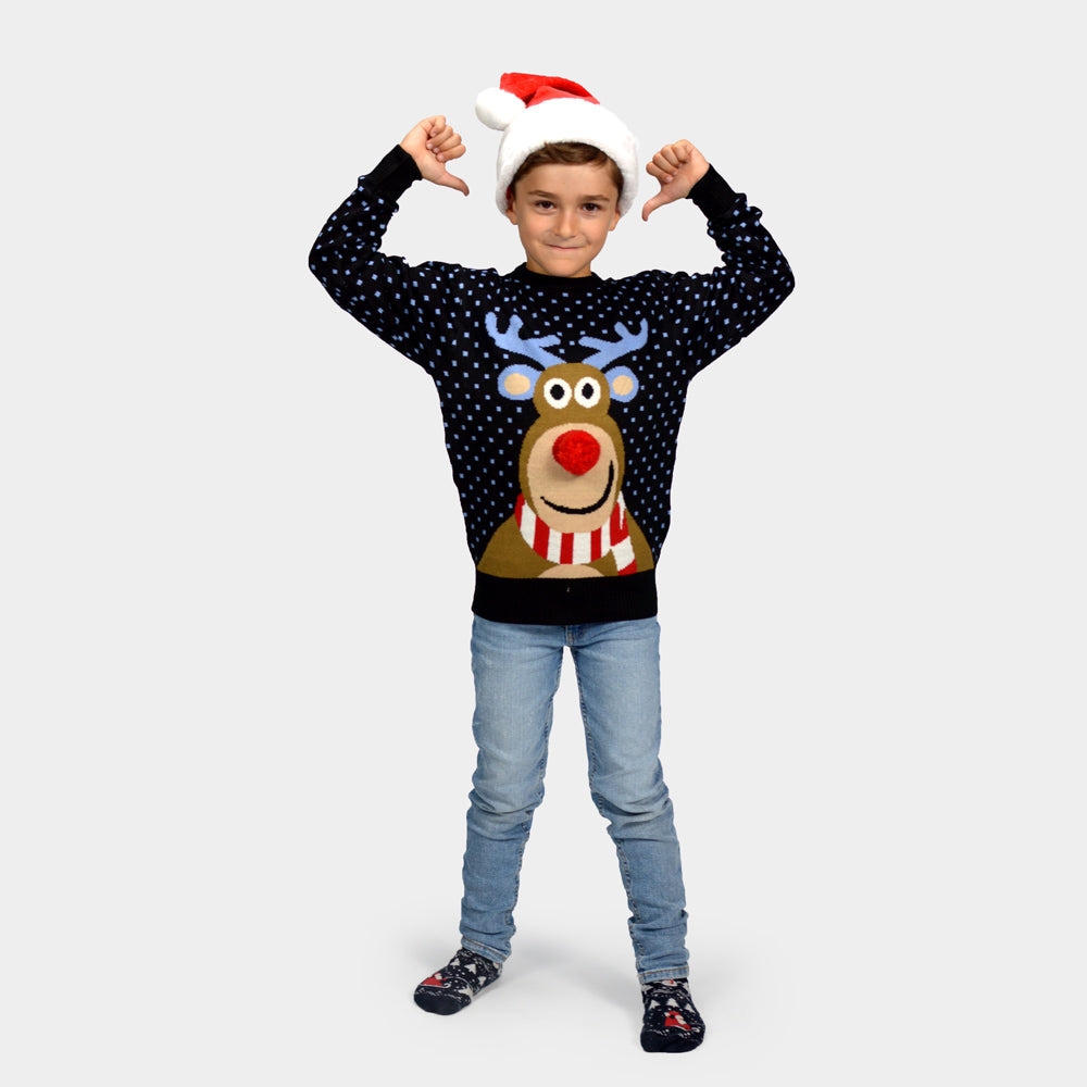 3D Kinder Weihnachtspullover Blau Rentier Rudolph mit Roter Nase 
