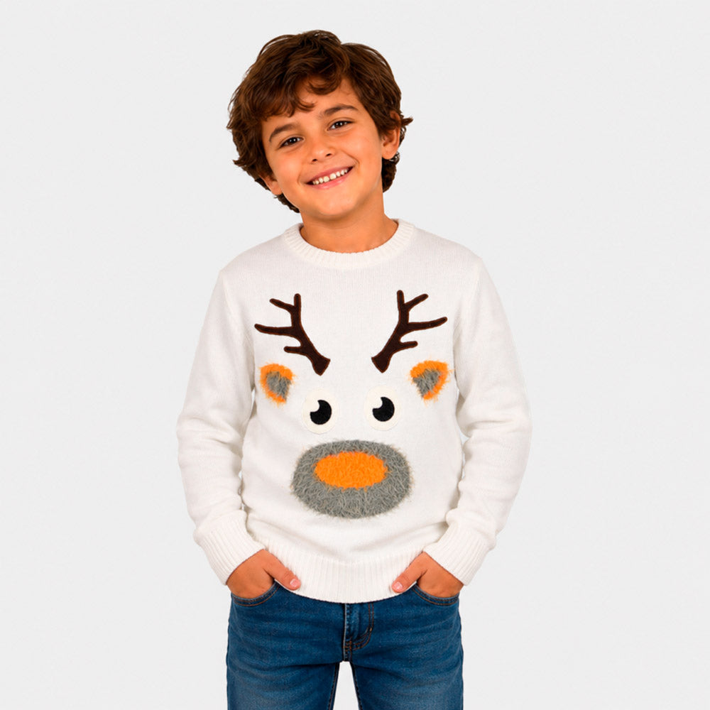 Kinder Weihnachtspullover Weiß mit Rentier 3D
