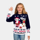 Kinder Weihnachtspullover Blau Weihnachtsmann und Rudolf
