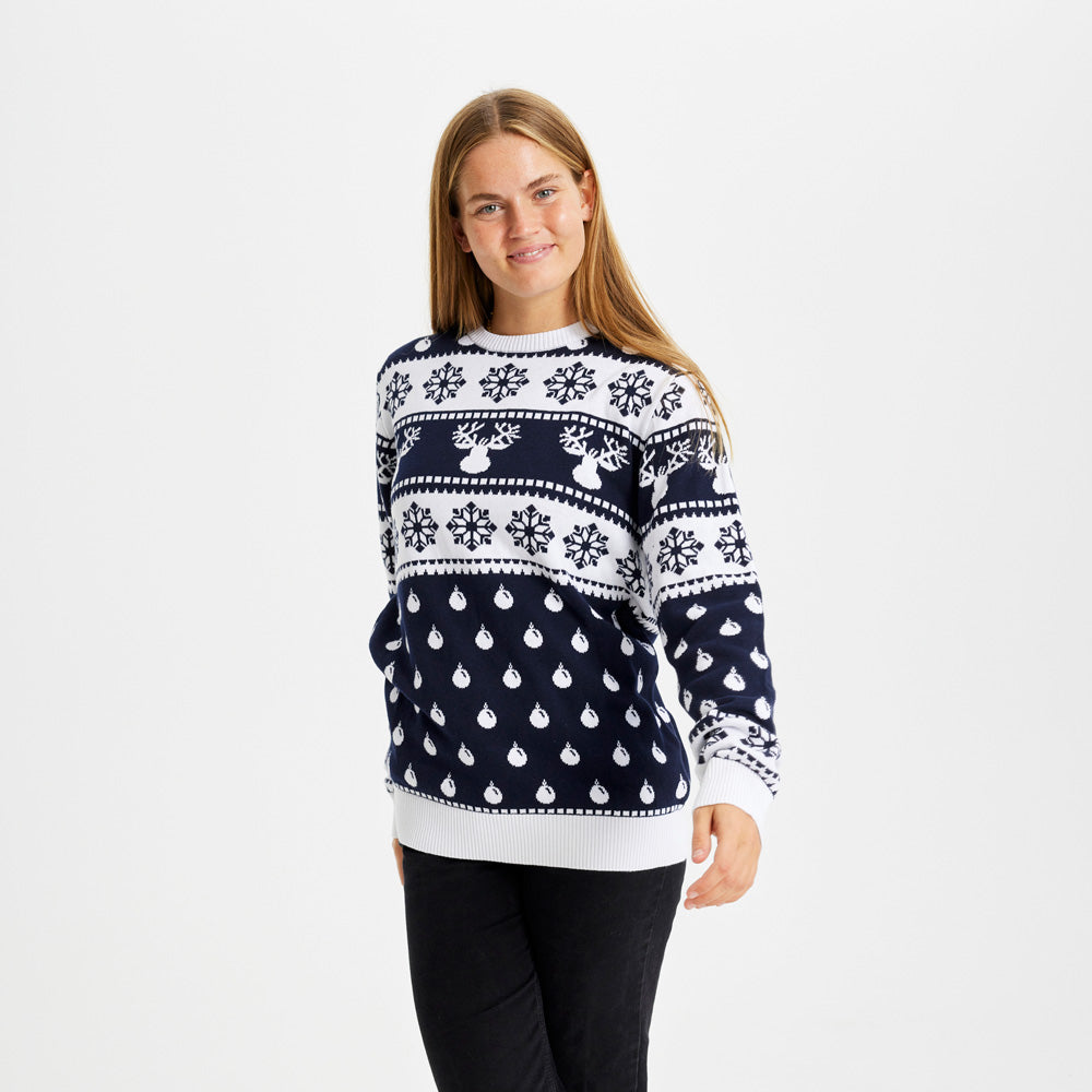 Familien Damen Weihnachtspullover Blau mit Rentieren und Schneeflocken
