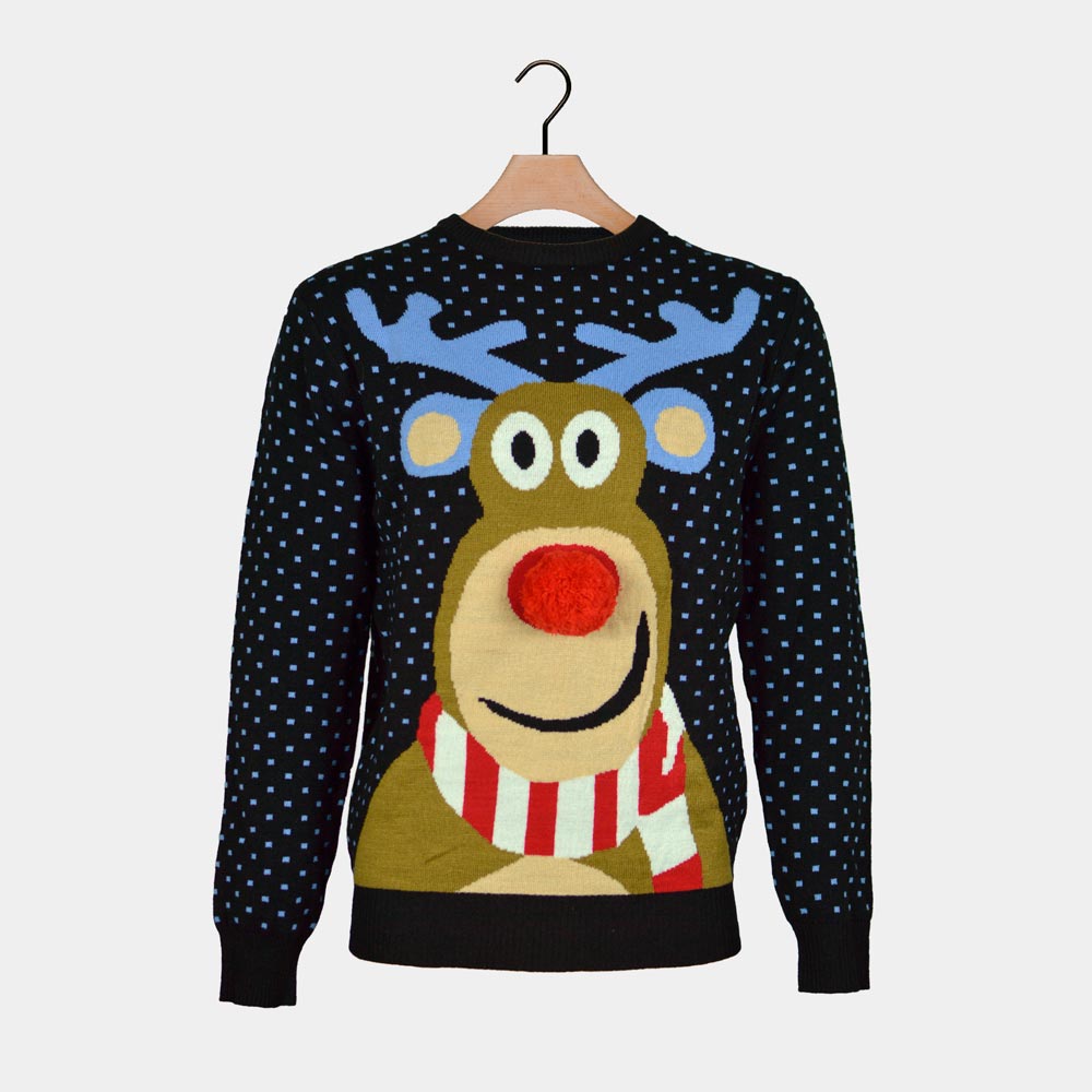 Damen Weihnachtspullover Blau Rentier mit Roter Nase 3D Rudolph 