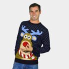 Damen Weihnachtspullover Blau Rentier Rudolph mit Roter Nase 3D Herren