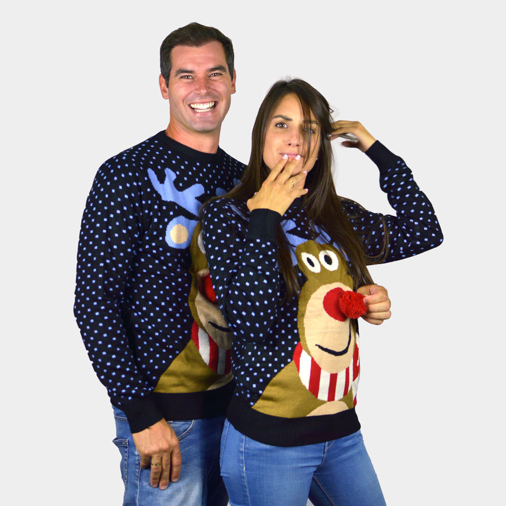 Damen Weihnachtspullover Blau Rentier Rudolph mit Roter Nase 3D Paar