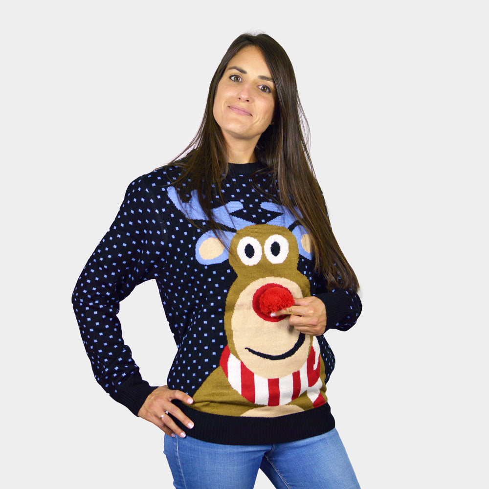 Damen Weihnachtspullover Blau Rentier Rudolph mit Roter Nase 3D
