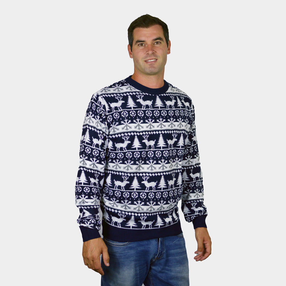 Damen Weihnachtspullover Blau mit Rentieren und Weihnachtsbäumen Herren
