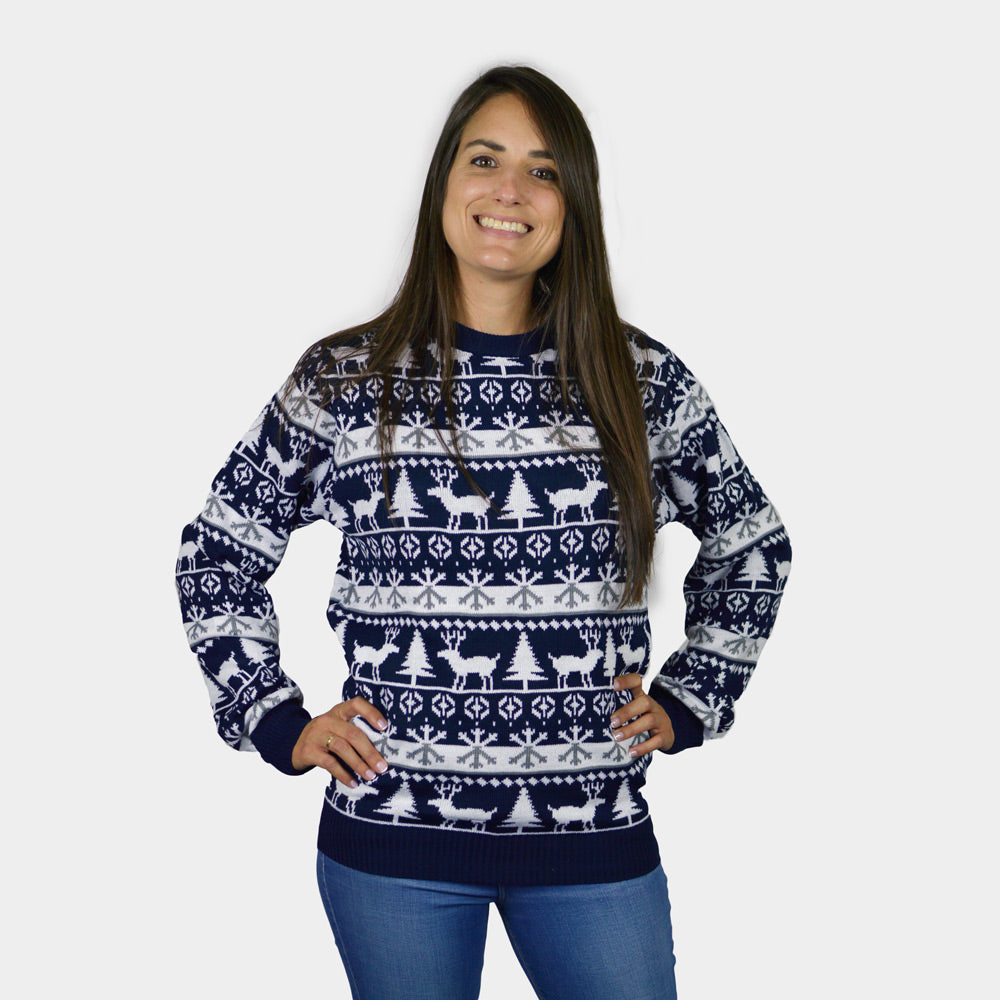 Damen Weihnachtspullover Blau mit Rentieren und Weihnachtsbäumen
