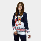 Damen Weihnachtspullover Blau mit Weihnachtsmann und Rudolf
