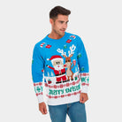 Damen Weihnachtspullover Blau mit Weihnachtsmann und Rudolf Herren
