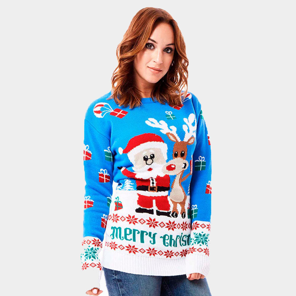 Damen Weihnachtspullover Blau mit Weihnachtsmann und Rudolf
