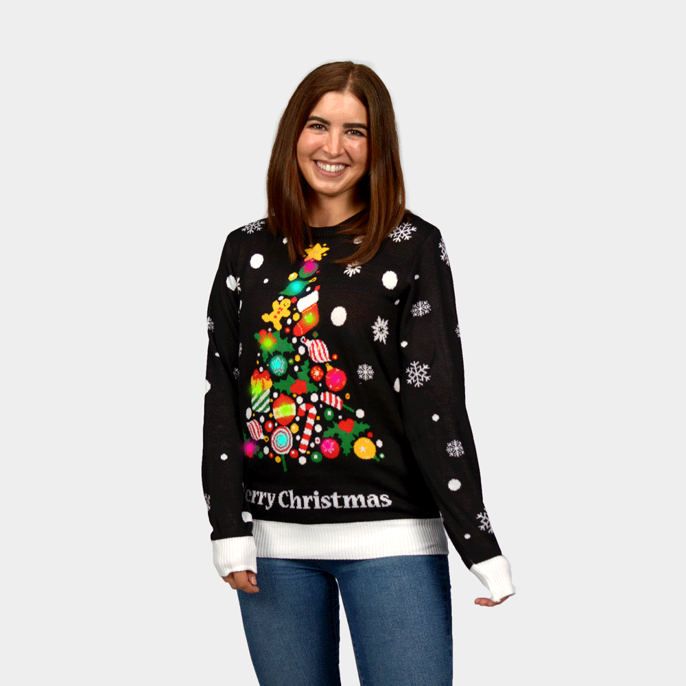 Damen Weihnachtspullover mit LED Schwarz "Merry Christmas"
