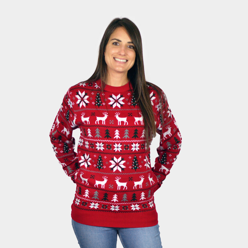 Damen Weihnachtspullover Rot Sternen Rentieren Weihnachtsbäumen
