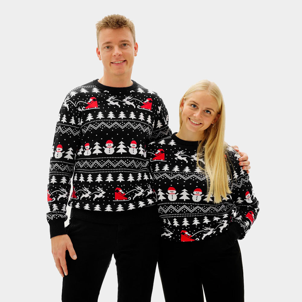 Damen Weihnachtspullover Schwarz mit Bäumen, Schneemännern und Weihnachtsmann Paar
