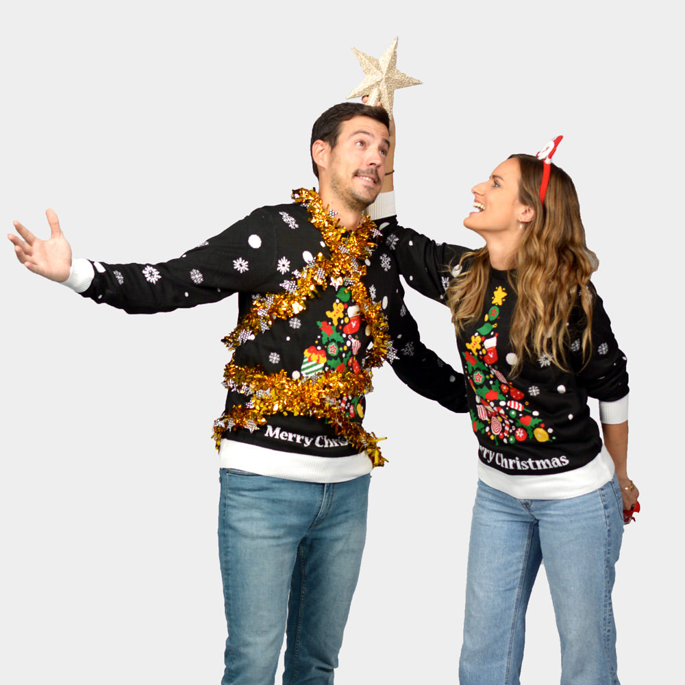 Damen Weihnachtspullover Schwarz "Merry Christmas" Paar
