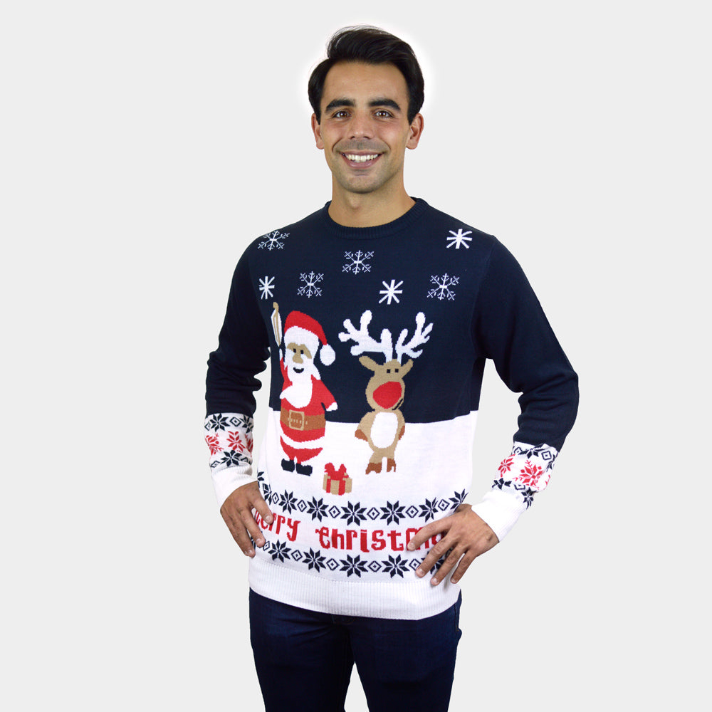 Familien Herren Weihnachtspullover Blau mit Weihnachtsmann und Rudolf

