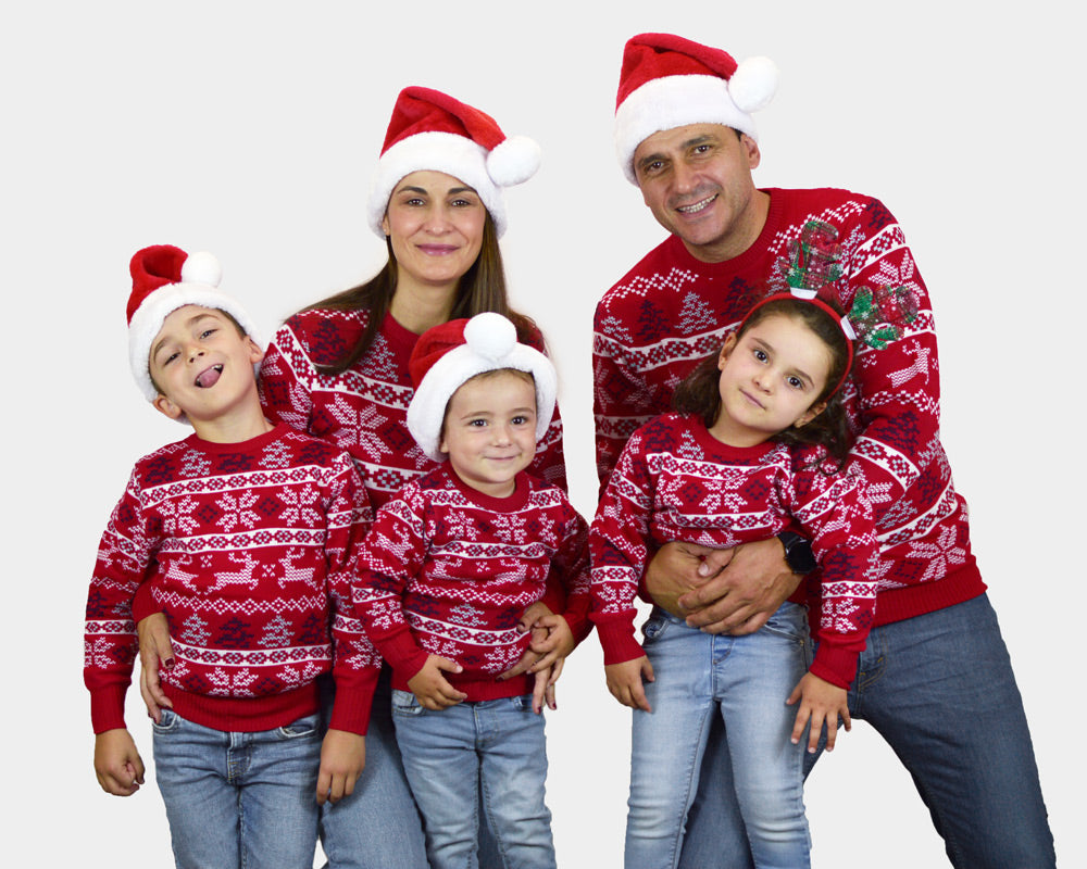 Familien Kinder Weihnachtspullover Klassischer Rot mit Polarsternen
