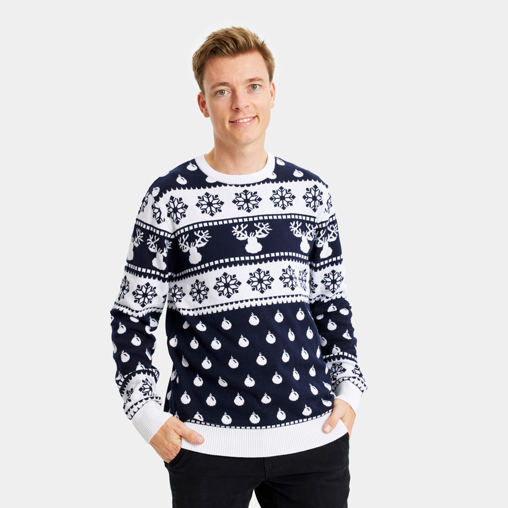 Familien Weihnachtspullover Blau mit Rentieren und Schneeflocken Herren
