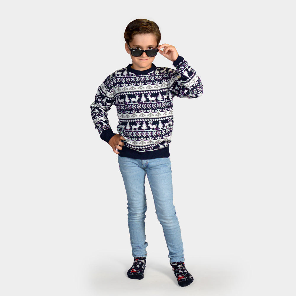 Familien Weihnachtspullover Blau mit Rentieren und Weihnachtsbäumen Kinder
